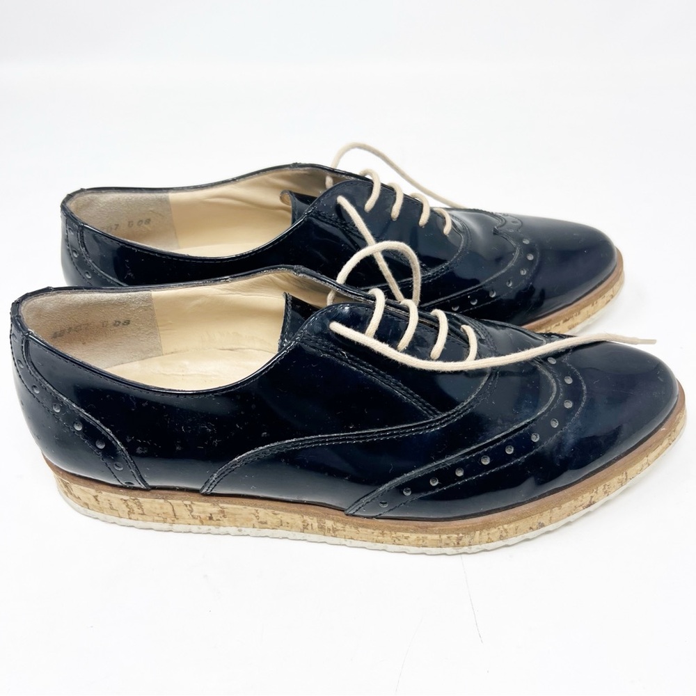 Paul Green Black Patent Leather Lace-Up Brogues with Cork Platform